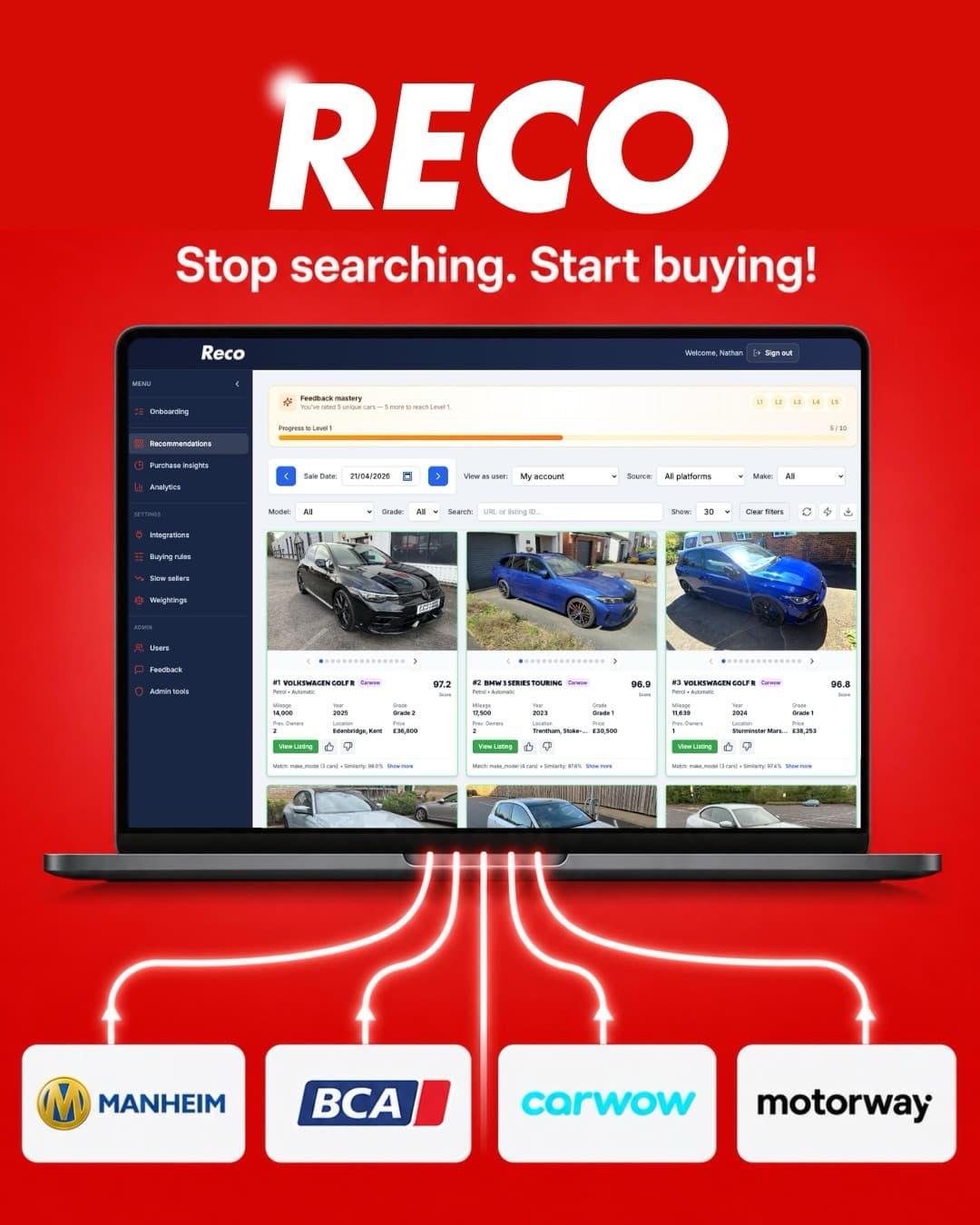 Reco dashboard — stock recommendations and buying workflow for dealerships
